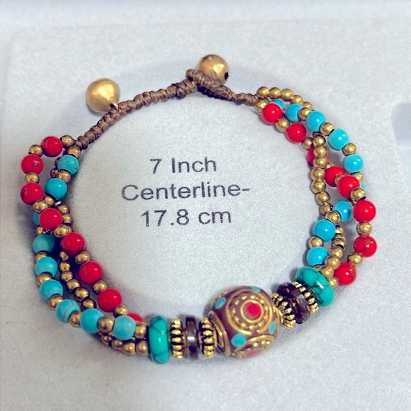 TURQUOISE RED COPPER BEADED ADJUSTABLE BRACELET - Picture 3 of 3